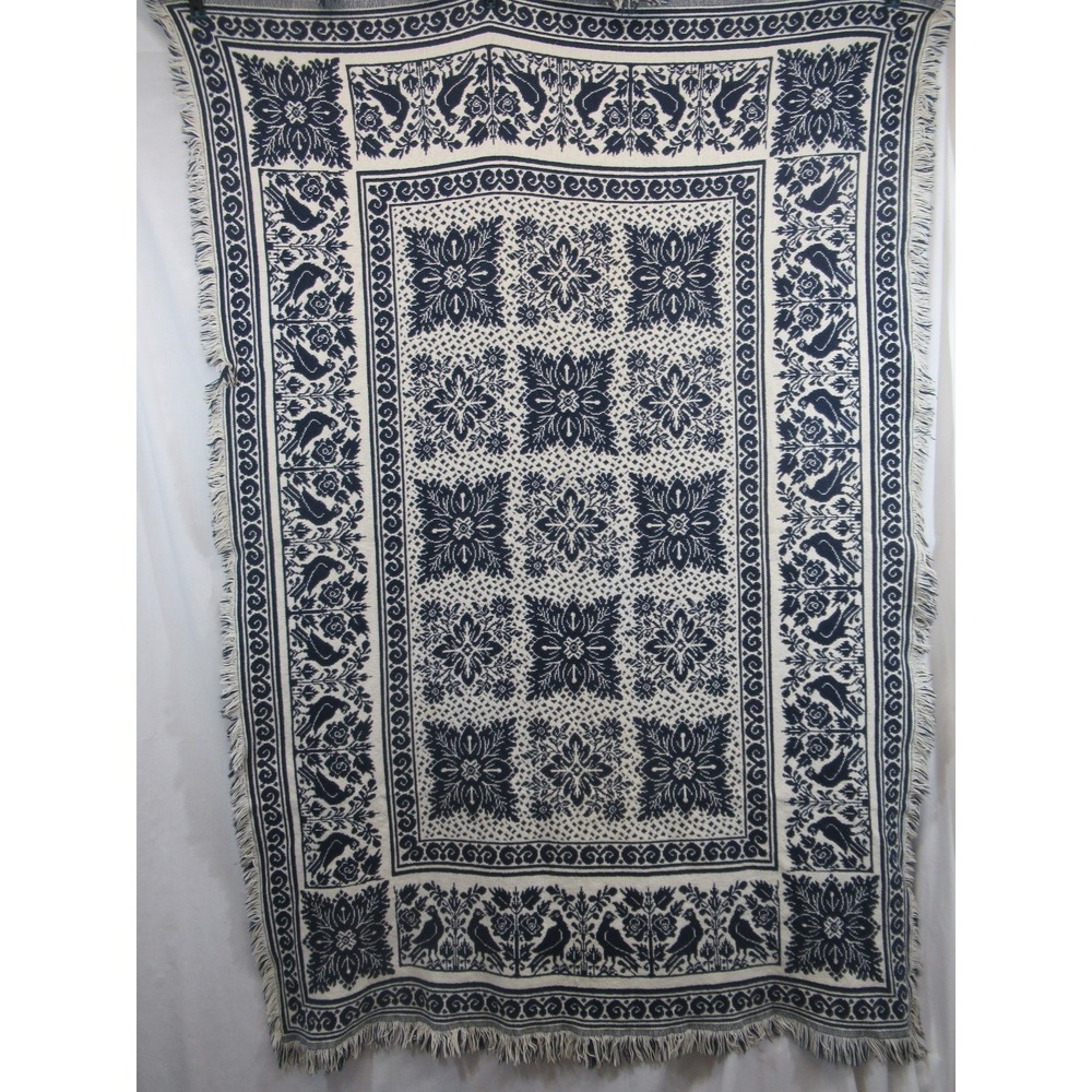 Goodwin Weavers Tapestry Throw Blanket Cotton Birds Blue/Ivory